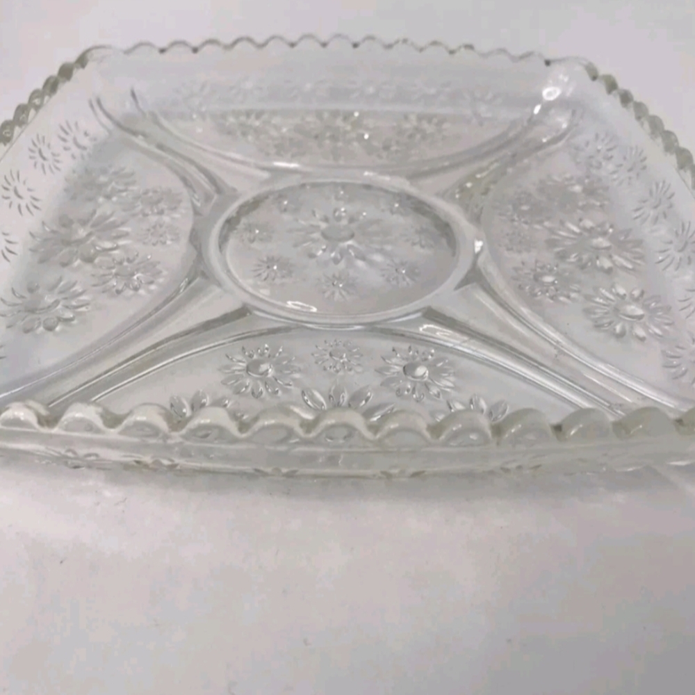 Vintage Floral Daisy Clear Square Glass Plate Relish Dish